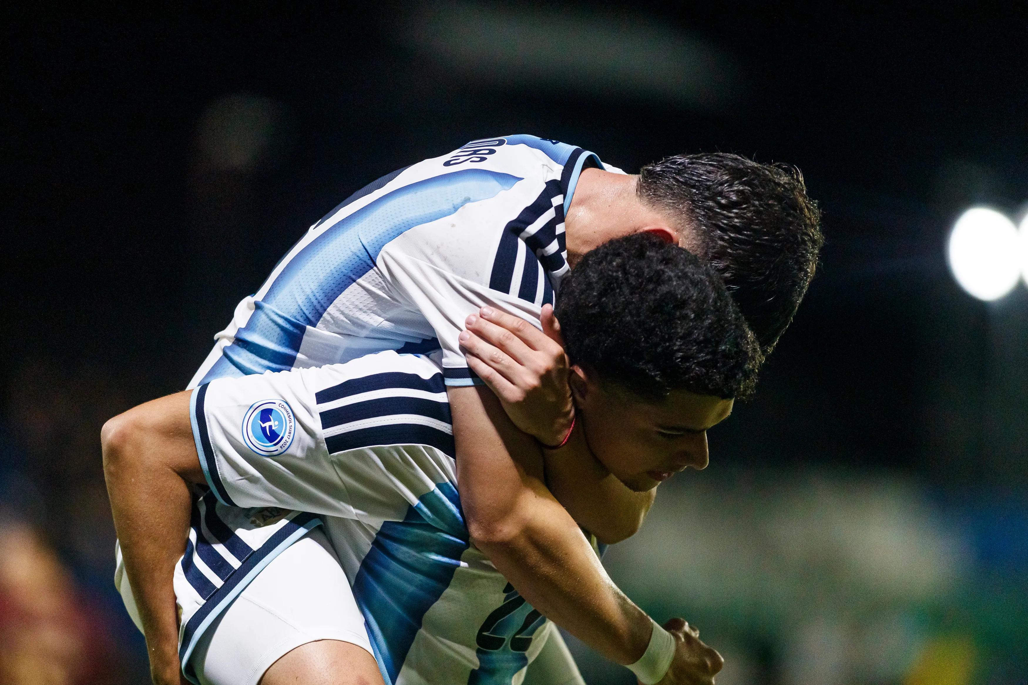 Argentina's Benjamin Tapia celebrates his goal during the FIFA U-17 World Cup 2026 qualifier against Venezuela at Estadio Ameliano.